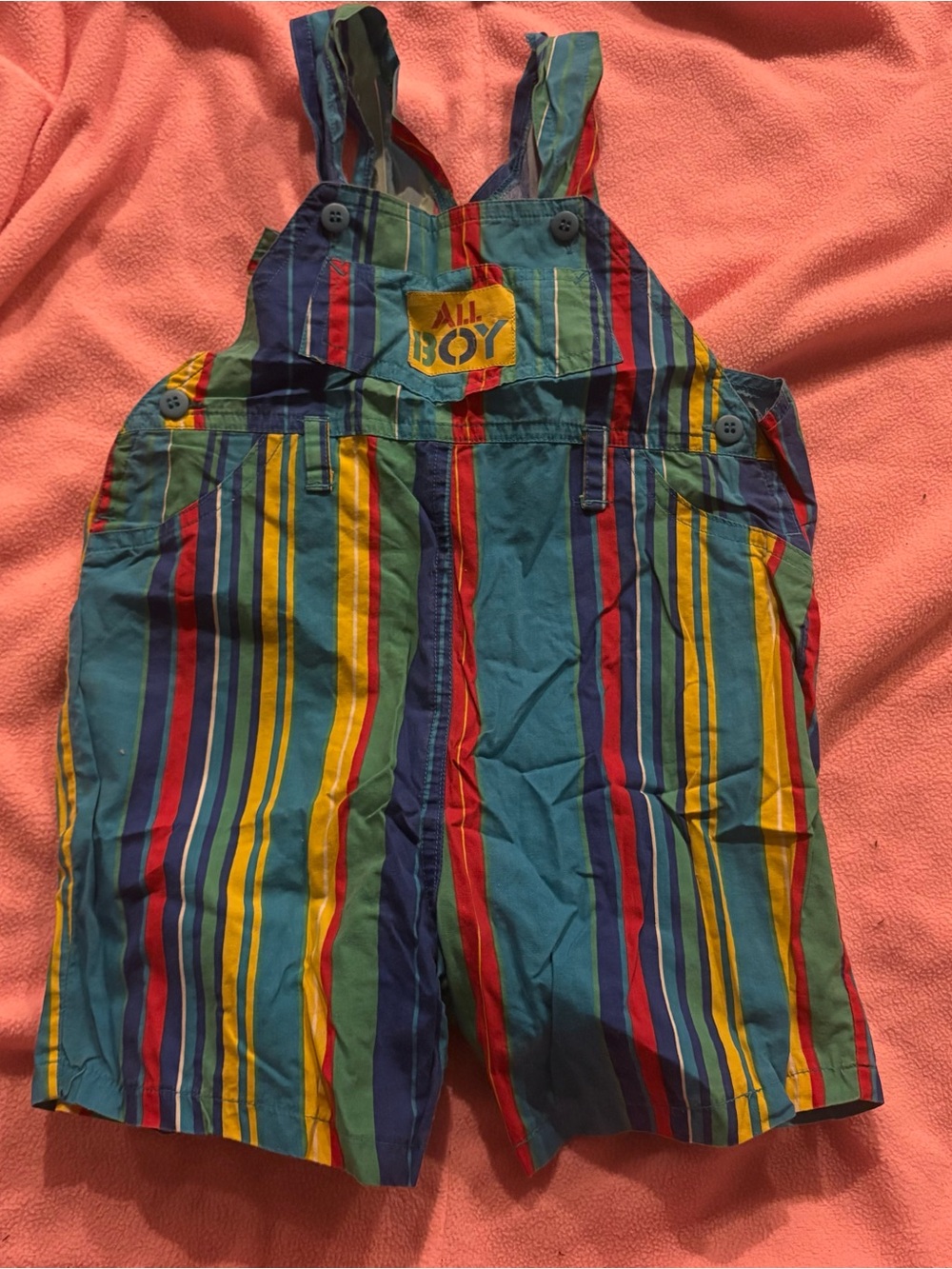 Vintage Multicolor Striped Kids short Overalls “All Boy” size 24 months